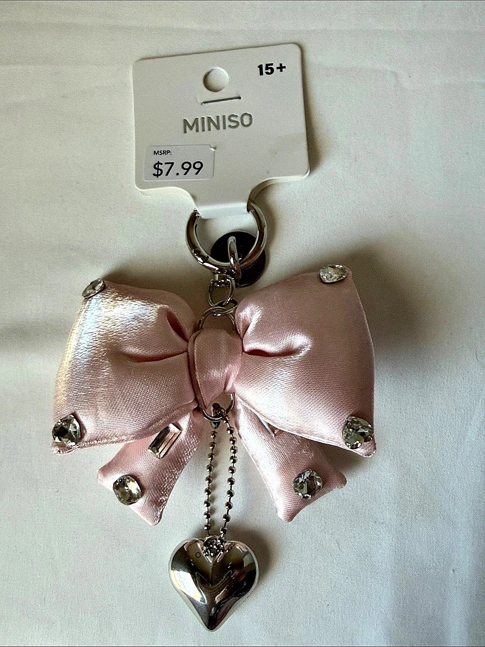 MINISO Bow Heart Keychain in Pink & Silver NWT